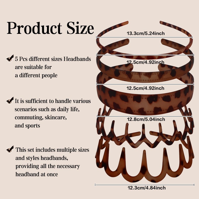 Semato 5 Pcs Leopard Zig Zag Headbands for Women-Non Slip Headband Tortoiseshell Hair Accessories with Teeth That Stay in Place for Thick/Curly Hair - Image 3